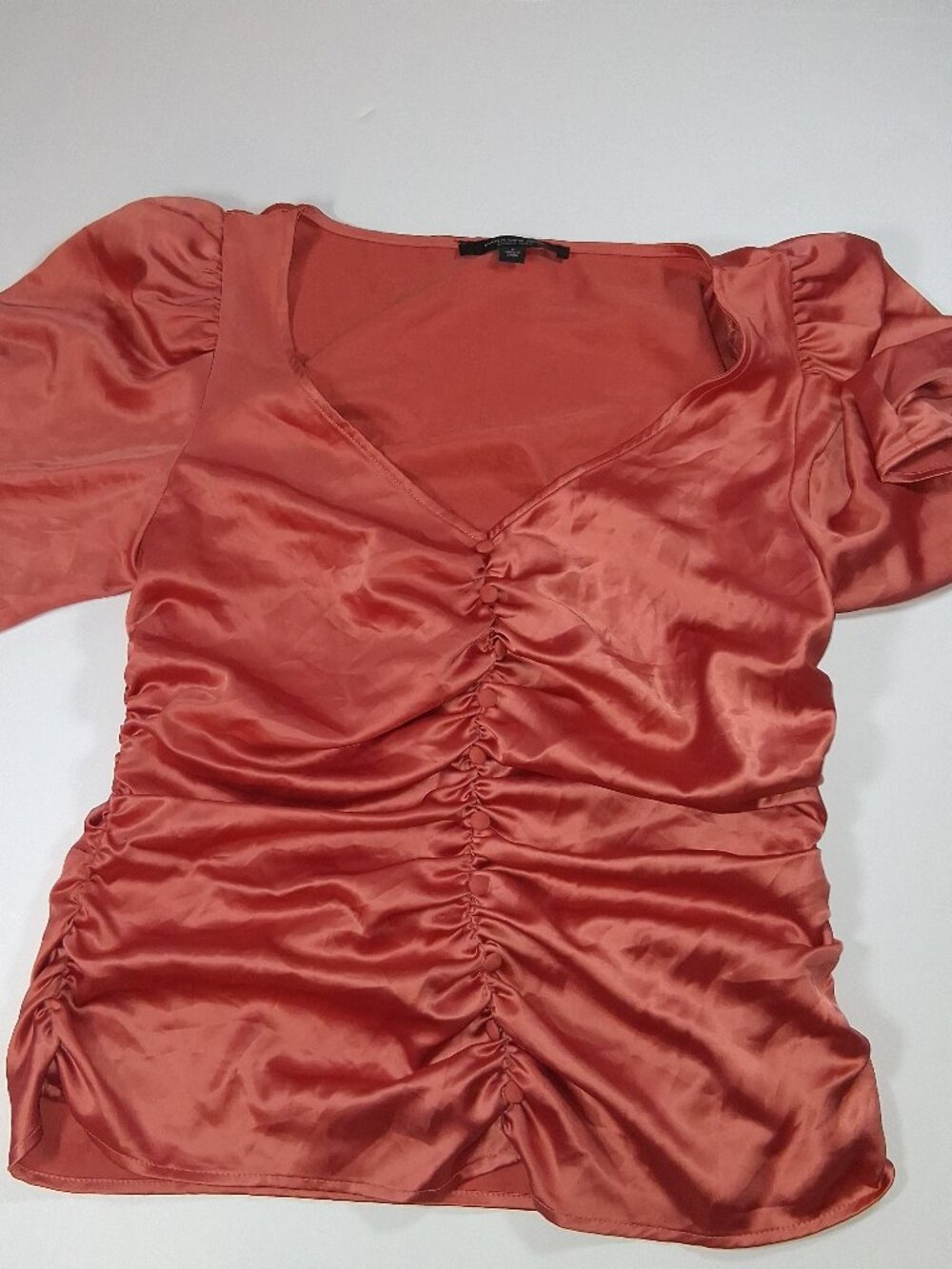 Size L Marc New York by Andrew Marc Rust Orange Satin Ruched Button-Front Blouse